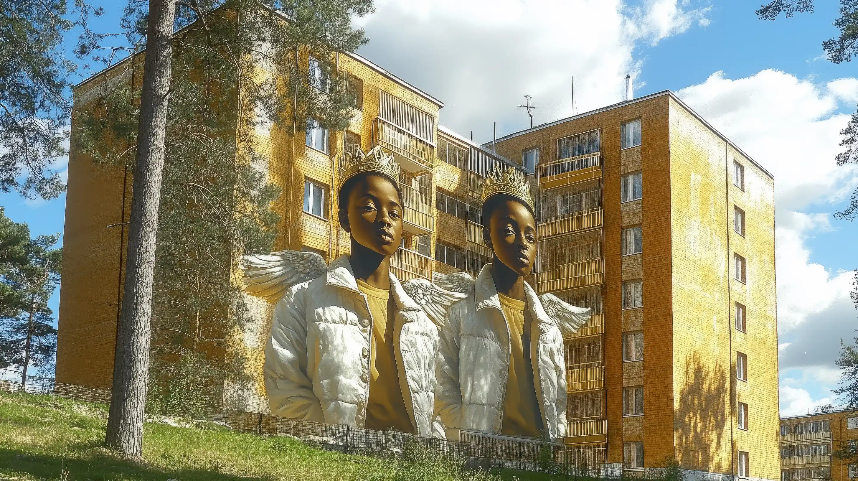 Tänk Om mural — crowned twin figures in gold light