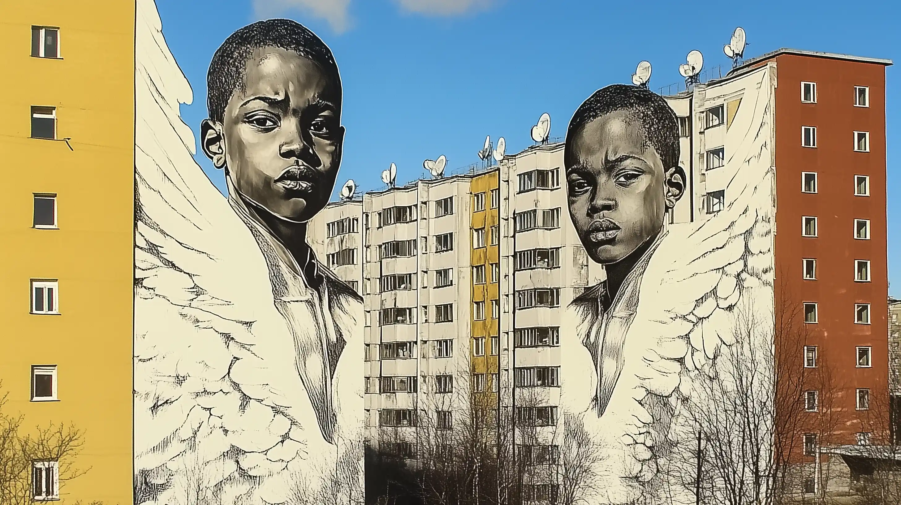 Tänk Om mural — winged portraits over Husby rooftops
