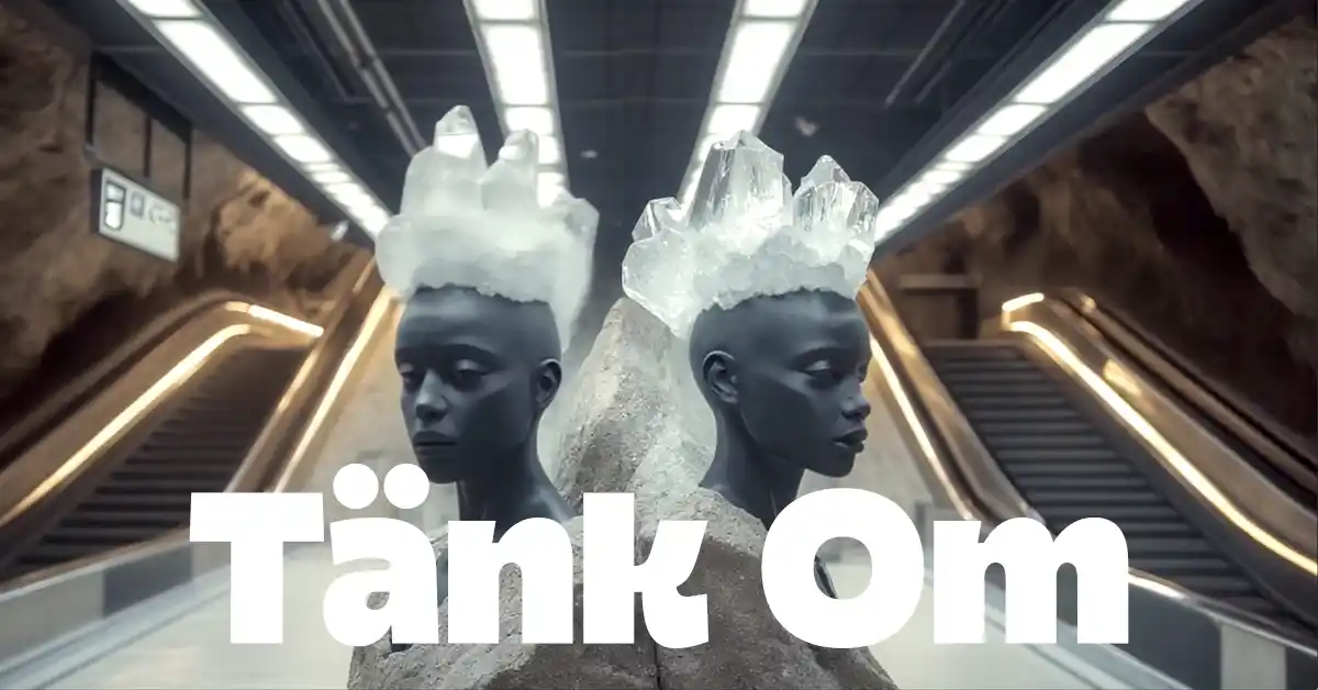 Tänk Om key art — twin figures in a Stockholm metro station