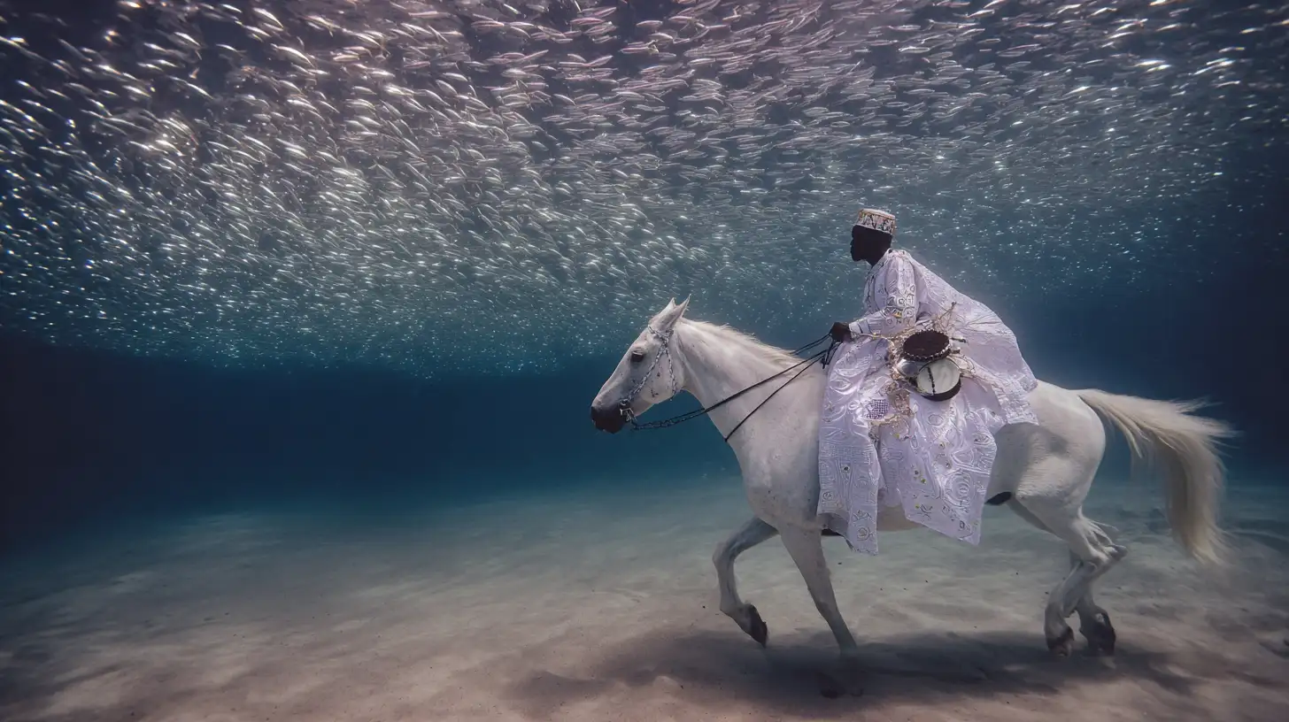 Rider on a white horse underwater with a school of fish, color