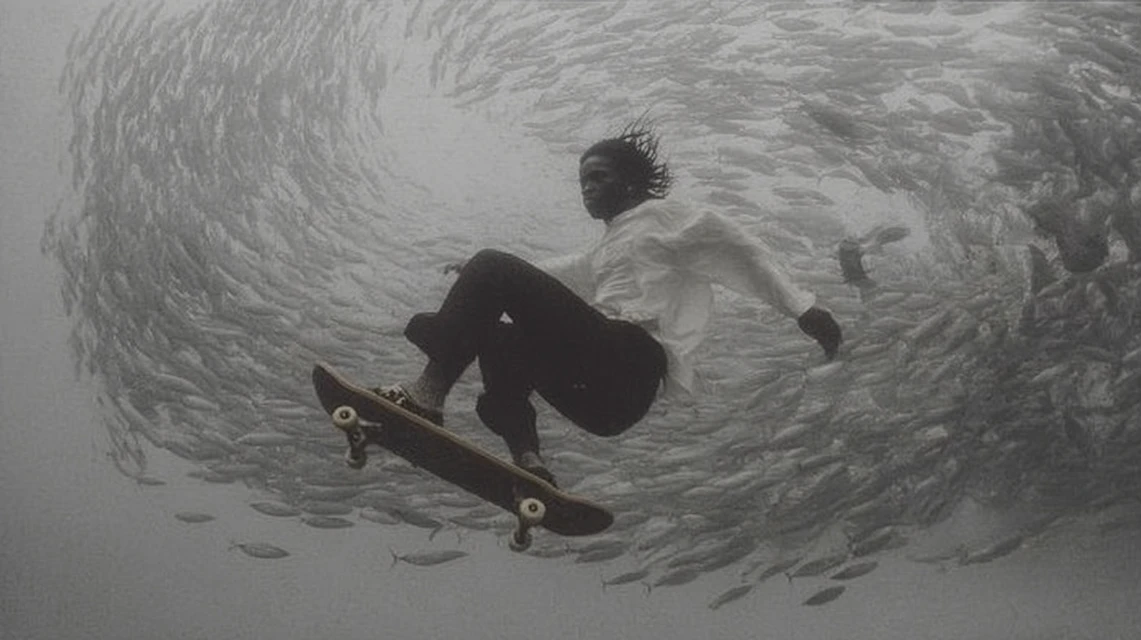 Skateboarder underwater amid a school of fish, black and white