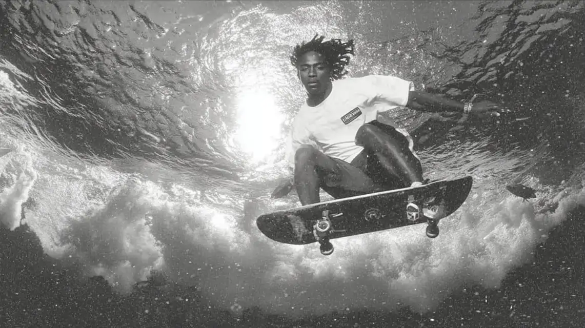 Skateboarder underwater catching light, black and white