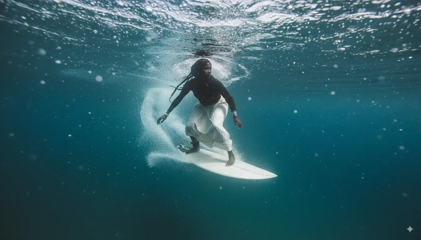 Surfer diving underwater, teal color