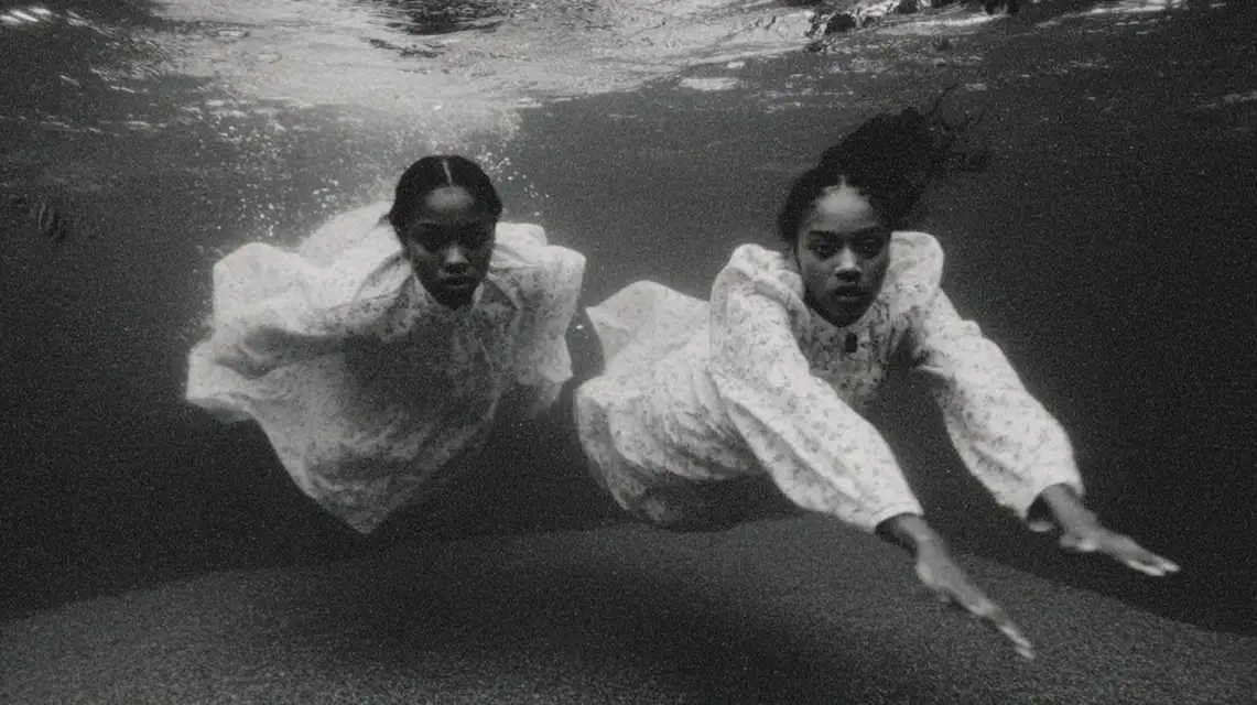Two women swimming underwater in white dresses, black and white