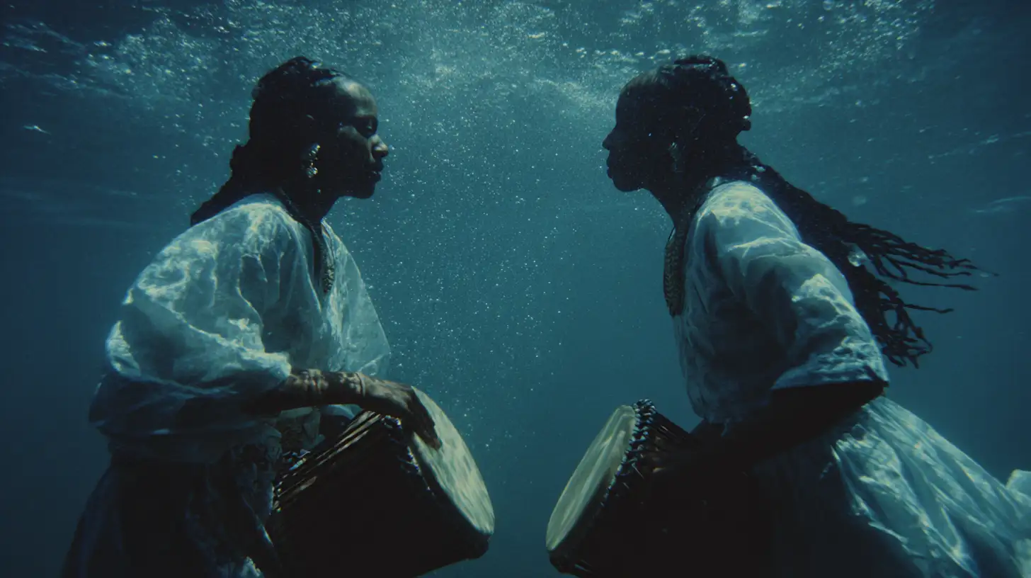Two figures facing each other underwater with drums, color