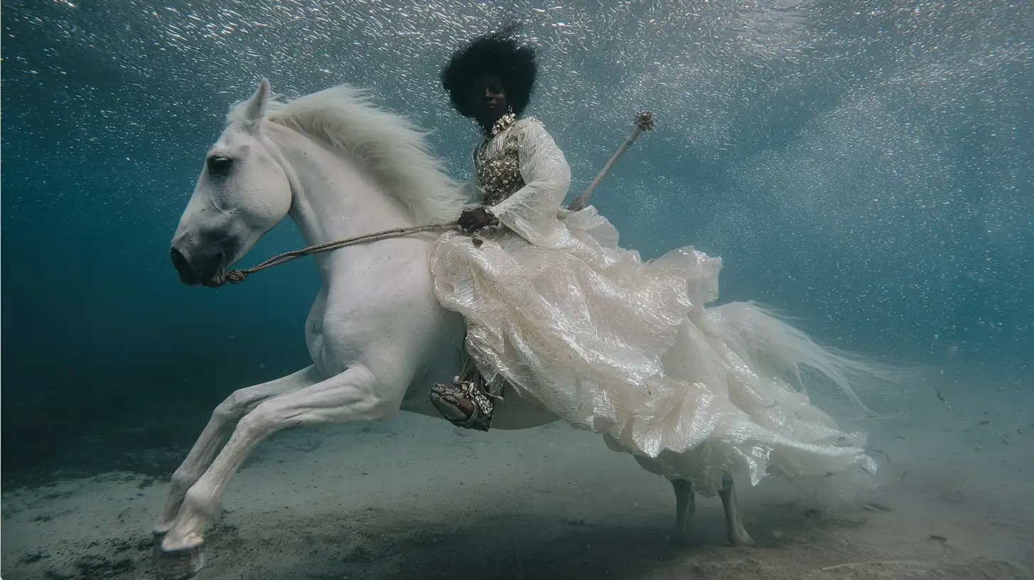Figure on a white horse underwater in a flowing gown, color