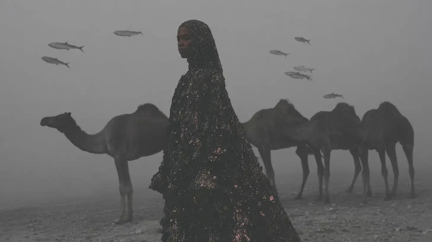 Woman in sequined robe with camels in the fog, black and white