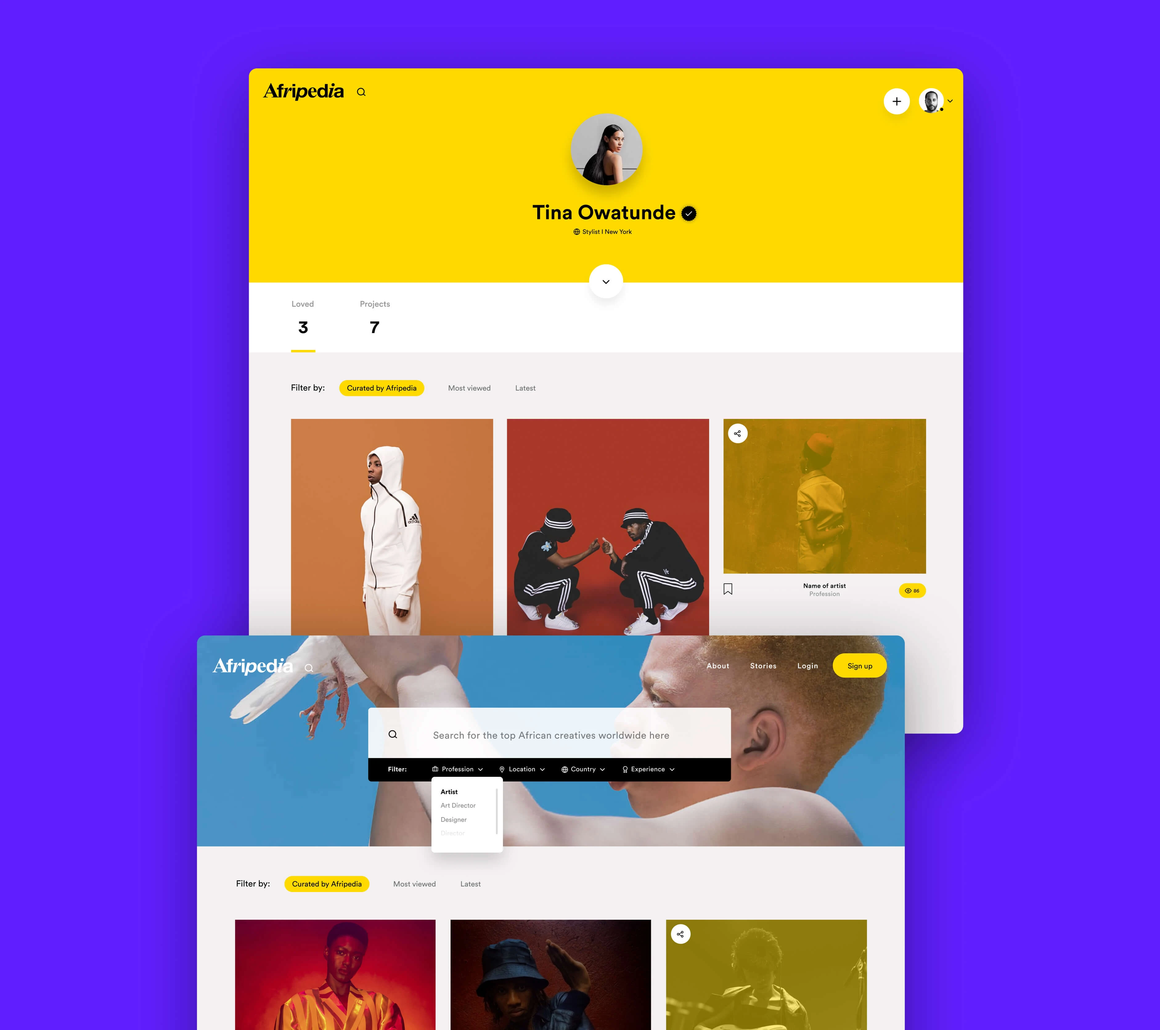 Afripedia platform — creative profile page, desktop